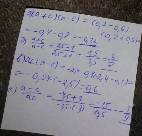 Найдите значение выражения: а) (а + с)(a - c) при а = 0,2, с = -0,6; б) * при а = 2,5, с = -1; в) ас