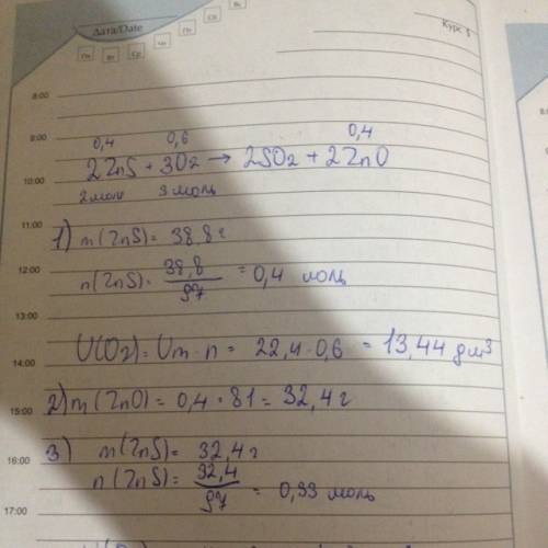 Реакция протекает по схеме zns+o2=so2+zno 1)найти объем кислорода, необходимый для сгорания 38, 8 г