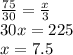 \frac{75}{30} = \frac{x}{3} \\ 30x = 225 \\ x = 7.5