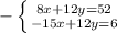 - \left \{ {{8x+12y=52} \atop {-15x+12y =6}} \right.