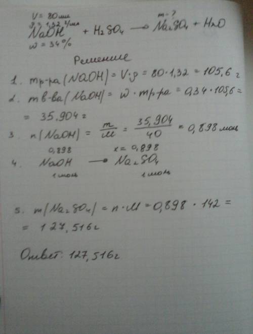 Вреакцию вступил гидроксид натрия с объемом раствора 80мл,плотностью 1.32г/мл и w=34% с серной кисло