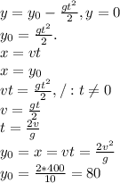 y= y_{0} - \frac{g t^{2} }{2} , y=0 \\ y_{0}=\frac{g t^{2} }{2}. \\ &#10;x=vt \\ x=y_{0} \\ &#10;vt=\frac{g t^{2} }{2}, /:t \neq 0 \\ &#10;v=\frac{g t}{2} \\ t= \frac{2v}{g} \\ &#10;y_{0}=x=vt =\frac{2v^{2} }{g} \\ &#10;y_{0}= \frac{2*400}{10}=80