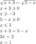 \sqrt{x + 3} = \sqrt{5 - x} \\ x + 3 \geqslant 0 \\ x \geqslant - 3 \\ 5 - x \geqslant 0 \\ x \leqslant 5 \\ x + 3 = 5 - x \\ 2x = 2 \\ x = 1