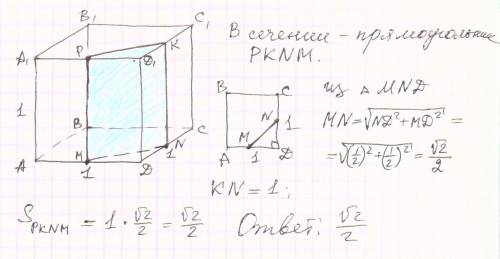 Изобразите сечение единичного куба а d1 проходящее через середины ребер ad , cd,a1d1.найдите его пло