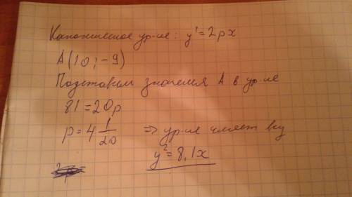 Написать каноническое уравнение параболы , проходящей через точку а(10; -9)