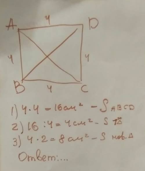Постойте квадрат abcd со стороной 4 см и проведите в нем отрезки ac bd. чему равна площадь каждого и