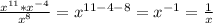 \frac{x ^{11}* x^{-4} }{ x^{8} } =x ^{11-4-8} = x ^{-1}= \frac{1}{x}