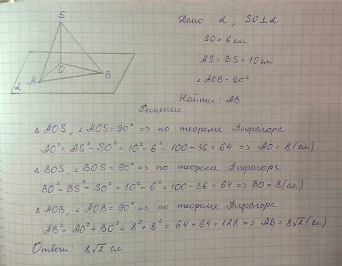 Из точки к плоскости проведен перпендикуляр длиной 6 см и две равные наклонные длиной 10 см. угол ме