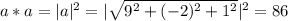 a* a = |a|^2 = | \sqrt{9^2+(-2)^2+1^2} |^2 = 86