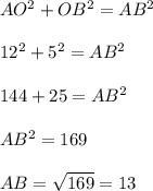 AO^{2} + OB^{2} = AB^{2} \\\\12^{2} + 5^{2} = AB^{2} \\\\144 + 25 = AB^{2} \\\\AB^{2} = 169\\\\AB=\sqrt{169} = 13