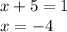 x + 5 = 1 \\ x = - 4