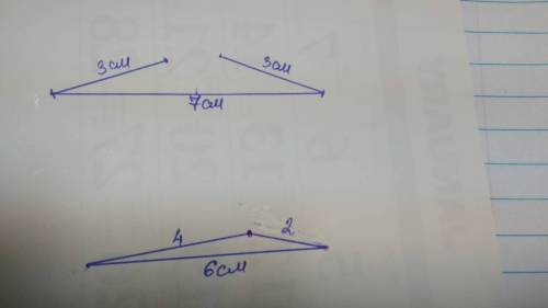 Уьедитесь ,что нельзя построить треугольник ,стороны которого равны : а)7см,3см,3см ; б)6см,4см,2см.