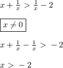 x+ \frac{1}{x}\ \textgreater \ \frac{1}{x}-2 \\\\ \boxed{x \neq 0} \\ \\ x+ \frac{1}{x}- \frac{1}{x}\ \textgreater \ -2 \\ \\ x\ \textgreater \ -2