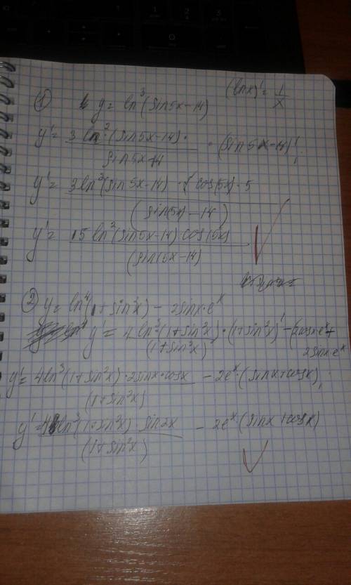 Решить 1 )найти y' если y=ln^3*sin5x-14 2)y=ln^4(1+sin^2*x)-2sinx*e^x