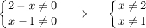 \displaystyle \left \{ {{2-x\ne0} \atop {x-1\ne0}} \right. ~~~\Rightarrow~~~~\left \{ {{x\ne2} \atop {x\ne 1}} \right.