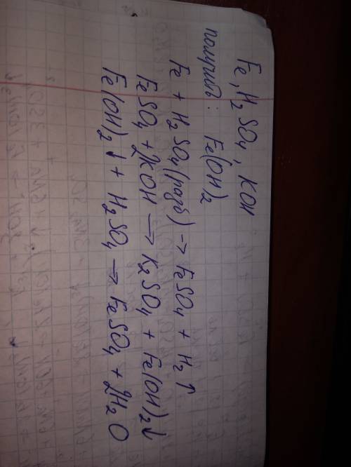 Имея железо, сульфатную кислоту, калий гидроксид, добудьте ферум(2) гидроксид и проведите реакцию не