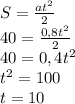 S= \frac{at^2}{2} &#10;\\40= \frac{0,8t^2}{2} &#10;\\40=0,4t^2&#10;\\t^2=100&#10;\\t=10