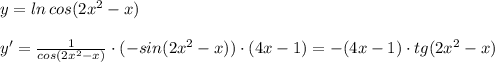 y=ln\, cos(2x^2-x)\\\\y'= \frac{1}{cos(2x^2-x)}\cdot (-sin(2x^2-x))\cdot (4x-1)=-(4x-1)\cdot tg(2x^2-x)