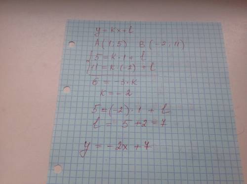 Прямая у=kx+l проходит через точки а(1; 5) и в(-2; 11). а) найдите k и l. б) запишите уравнение этой