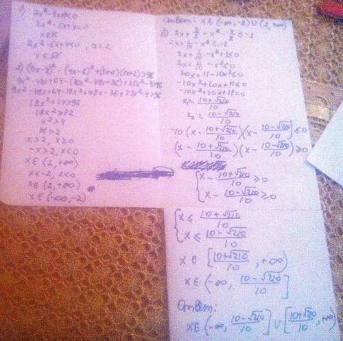 2x^2-5x+4< 0 (3x-8)^2-(4x-6)^2+(5x-2)(5x+2)> 96 2x+3/5 - x^2-4/8< (неравество с чертой)-1