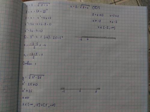 Найти область определения функции: y= корень x^2-25. решить уравнение: x+2= корень 8+х. могу еще пят