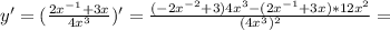 y'= (\frac{2x^{-1}+3x}{4x^3} )'=\frac{(-2x^{-2}+3)4x^3-(2x^{-1}+3x)*12x^2}{(4x^3)^2}=