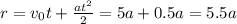 r=v_{0}t+ \frac{a t^{2} }{2}=5a+0.5a=5.5a