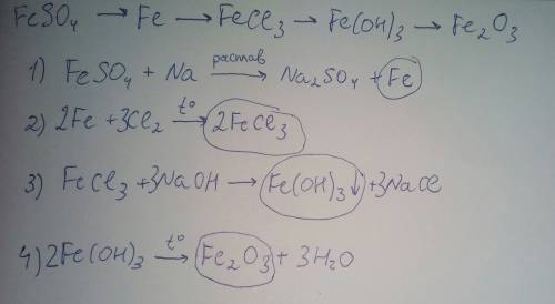 Напишите уравнения реакций ,с которых можно осуществить уравнения : feso4-fe-fecl3-fe(oh)3-fe2o3
