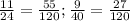 \frac{11}{24} = \frac{55}{120} ; \frac{9}{40} = \frac{27}{120}