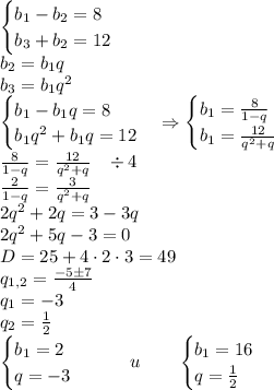 \begin{cases}b_1-b_2=8\\b_3+b_2=12\end{cases}\\b_2=b_1q\\b_3=b_1q^2\\\begin{cases}b_1-b_1q=8\\b_1q^2+b_1q=12\end{cases}\Rightarrow\begin{cases}b_1=\frac8{1-q}\\b_1=\frac{12}{q^2+q}\end{cases}\\\frac8{1-q}=\frac{12}{q^2+q}\;\;\;\div4\\\frac2{1-q}=\frac3{q^2+q}\\2q^2+2q=3-3q\\2q^2+5q-3=0\\D=25+4\cdot2\cdot3=49\\q_{1,2}=\frac{-5\pm7}4\\q_1=-3\\q_2=\frac12\\\begin{cases}b_1=2\\q=-3\end{cases}\quad\quad u\quad\quad\begin{cases}b_1=16\\q=\frac12\end{cases}