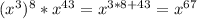 (x^3)^8*x^{43}=x^{3*8+43}=x^{67}