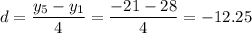 d= \dfrac{y_5-y_1}{4}= \dfrac{-21-28}{4} =-12.25