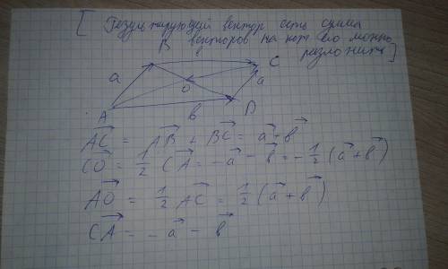 Дан параллелограмм abcd , вектор ab= вектору a, а вектор ad= вектору в, вырезать вектора: ac,co,ao,c