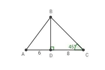() в треугольнике abc высота bd делит сторону ac на отрезки ad=6 см, cd=8см, угол c=45градусам найти