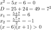 x^2-5x-6=0&#10;\\D=25+24=49=7^2&#10;\\x_1= \frac{5+7}{2} =6&#10;\\x_2= \frac{5-7}{2} =-1&#10;\\(x-6)(x+1)\ \textgreater \ 0