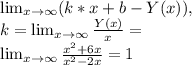 \lim_{x \to \infty} (k*x+b-Y(x)), \\ k= \lim_{x \to \infty} \frac{Y(x) }{x}= \\ \lim_{x \to \infty} \frac{x^2+6x}{x^2-2x}=1