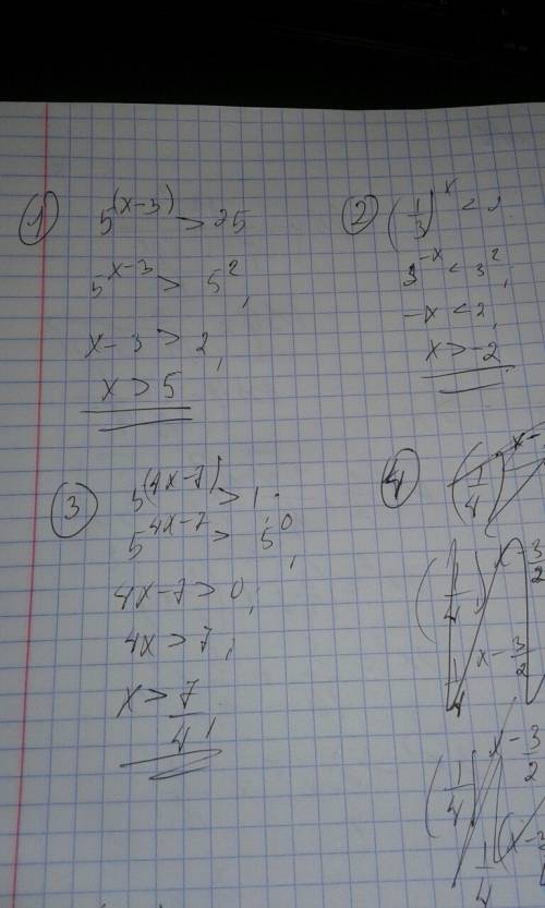 Решить 5^х-3> 25 (1/3)^х< 9 5^4х-7> 1 (1/4)^х-3*(1/2)+2> 0