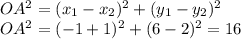 OA^2 = (x_{1}-x_{2})^2 + (y_{1}-y_{2})^2 \\ OA^2 = (-1+1)^2 + (6-2)^2 = 16