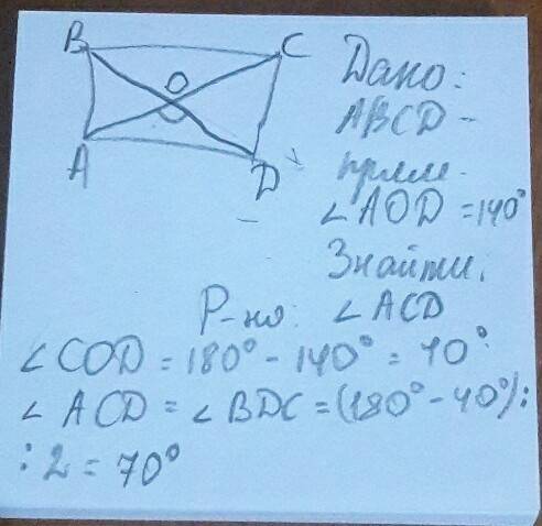Упрямокутнику авсd о - точка перетину діагоналей, кут а0d=140°. знайдіть кут acd. рішення і малюнок.
