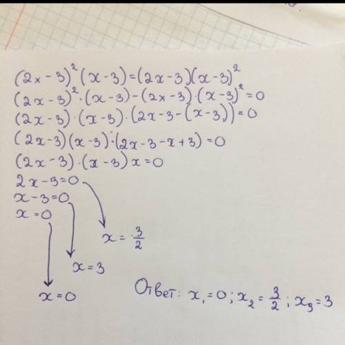 Решить уравнение! ! (2х-3)²(х-3)=(2х-3)(х-3)²