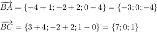 \overrightarrow{BA}=\{-4+1;-2+2;0-4\}=\{-3;0;-4\}\\ \\ \overrightarrow{BC}=\{3+4; -2+2;1-0\}=\{7;0;1\}