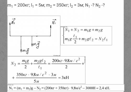 Кмассой 200 кг и длиной 5 метров подвешен груз массой 250 кг на расстоянии 3 метра от левого конца.