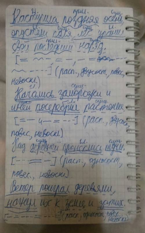 Синтаксический разбор предложений: наступила поздняя осень,опустели поля,лес уранил свой последний н