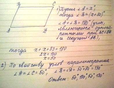 Один из углов параллелограмма на 80 градусов больше другого. найдите все углы параллелограмма.