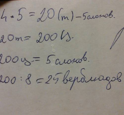 Слон весит 4 тонны,а верблюд 8 центнеров.сколько нужно верблюдов,чтобы уравновесить пять слонов?