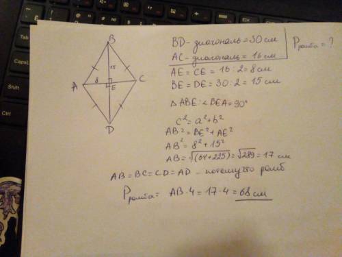 Диагонали ромба равны 16 см.и 30 см.найдите периметр ромба