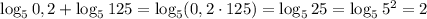 \log_50,2+\log_5125=\log_5(0,2\cdot125)=\log_525=\log_55^2=2