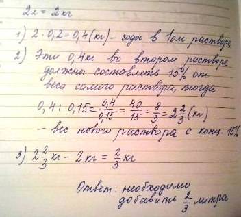 Имеется 20% раствор соды массой 2 л сколько воды необходимо чтобы раствор имел 15% концентрацию