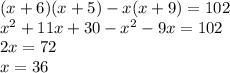 (x+6)(x+5)-x(x+9)=102 \\ x^2+11x+30-x^2-9x=102 \\ 2x=72 \\ x=36