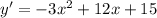 y'=-3x^2+12x+15